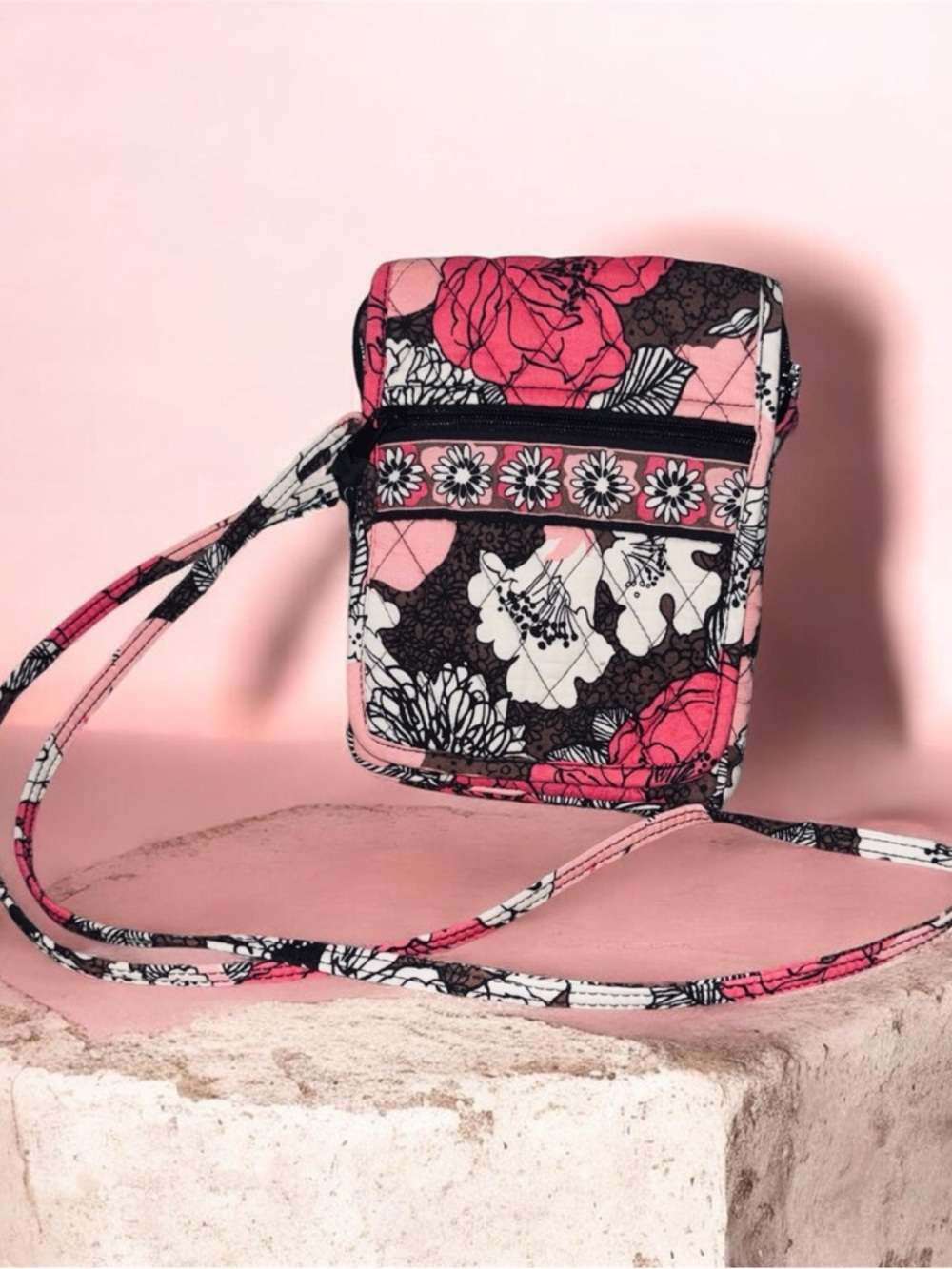 Ver Bradley Pink Floral Quilted Crossbody Bag with Black Accents - Picture 2 of 10